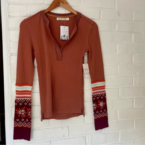 Free People Mikah Notch Neck Long Sleeve Blouse Autumn Orange Size XS Fall Boho - Picture 2 of 12